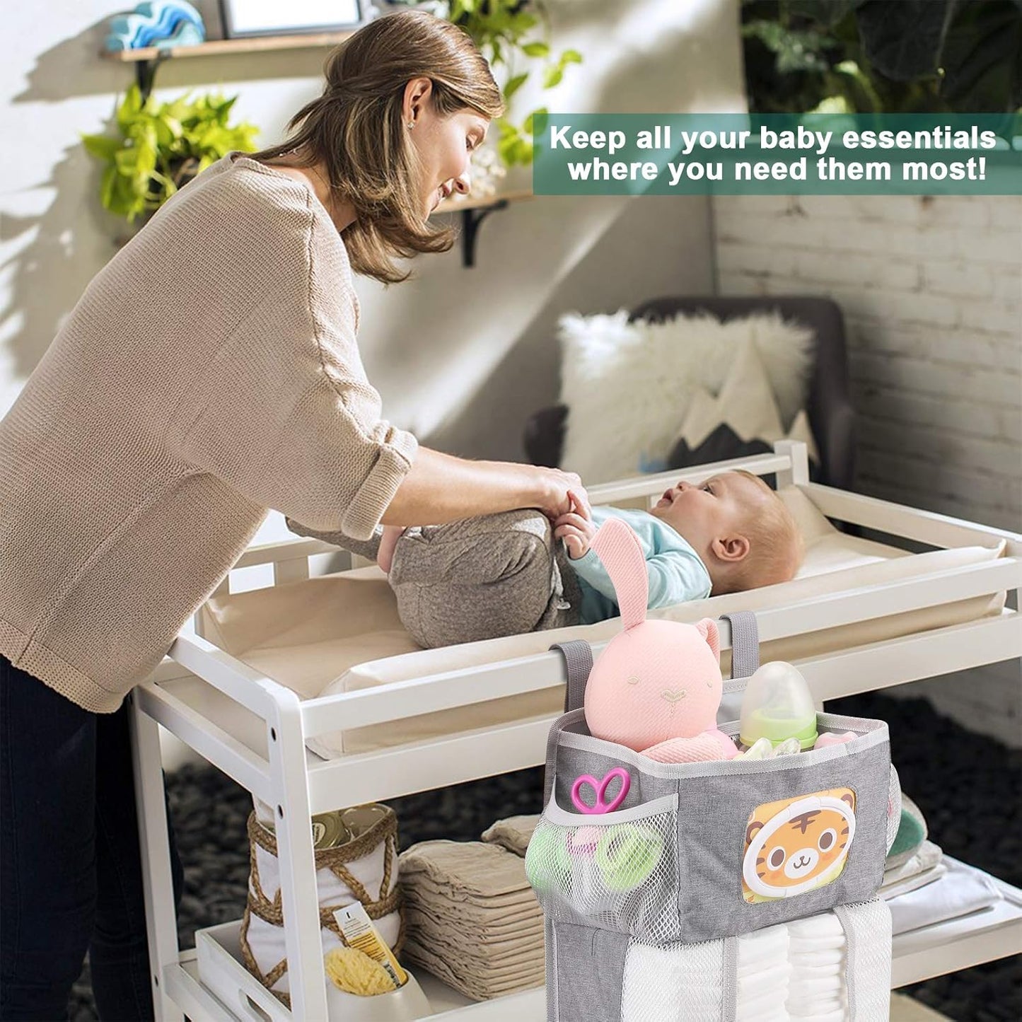 Accmor Hanging Baby Diaper Caddy Organizer, Diaper Stacker, Baby Crib Hanging Classified Storage Bag Organizer for Changing Table, Crib, Playard or Wall & Nursery Organization, Grey