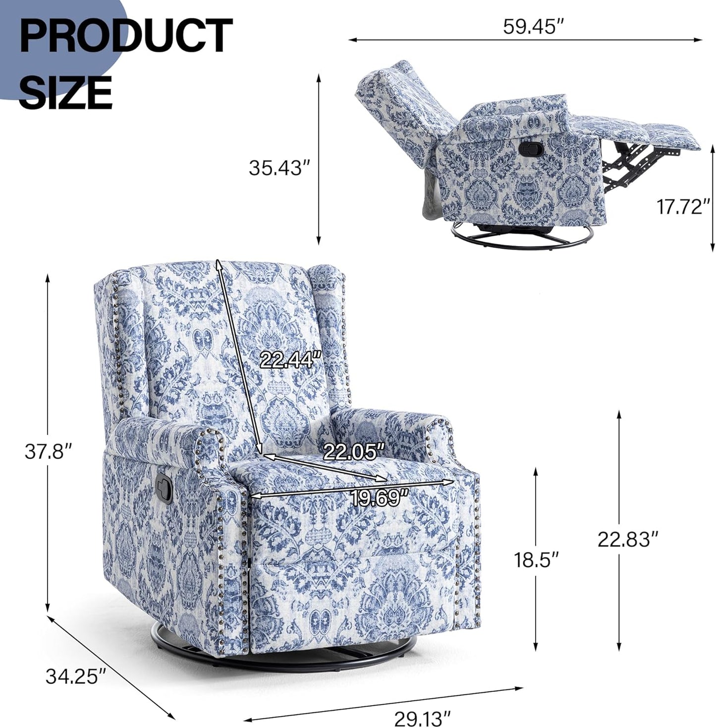 Swivel Rocker Recliner Chair, Manual Nursery Glider Recliner, Floral Fabric Wingback Accent Chair with Adjustable Backrest & Footrest for Small Spaces Living Room Bedroom (Plants Floral, Set of 1)