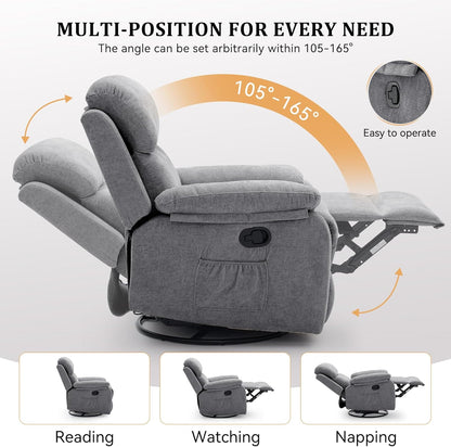 Korser Recliner Chair, 360 Swivel Rocker Chair for Adults, Small Rocking Recliner for Small Spaces, Upholstered Fabric Glider Recliner Nursery