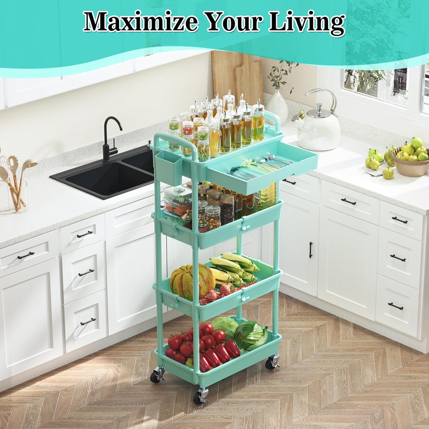 SUNALLY 3 Tier Rolling Cart with Drawer, Bathroom Storage Organizer with 2 Lockable Wheels, Multifunctional Rolling Storage Cart for Bathroom, Kitchen, Office, Craft, Makeup, Baby Essentials, White
