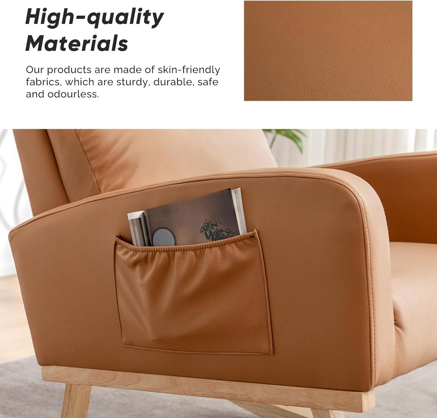 Rocking Chair Nursery, Upholstered Nursing Rocker Chair for Mom with High Backrest and Side Pockets for Bedroom Living Room, Beige