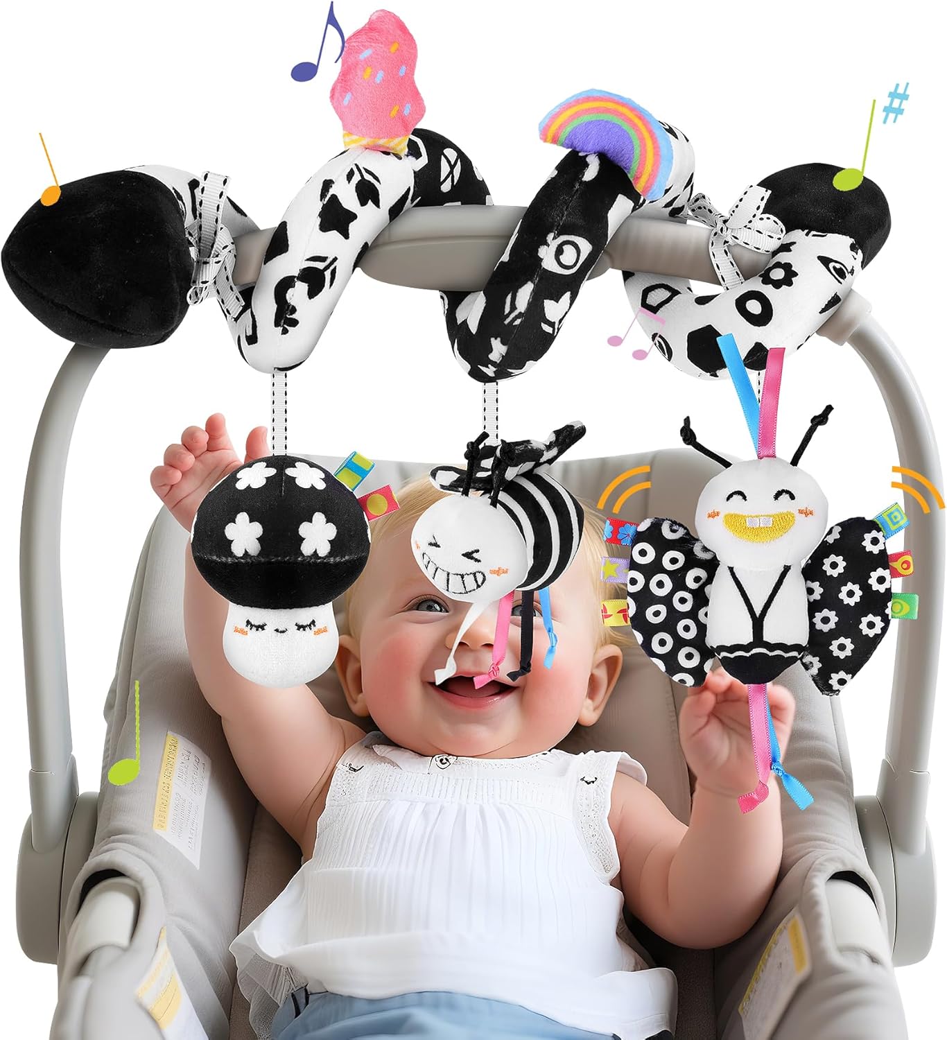 Spiral Car Seat Toys for Infants, 0-6 Months Carseat & Stroller Pram Separable Activity Hanging Toys with Rattle, Teethers, Newborn Soft Plush Travel Toy for Boys Girls Essentials Gifts