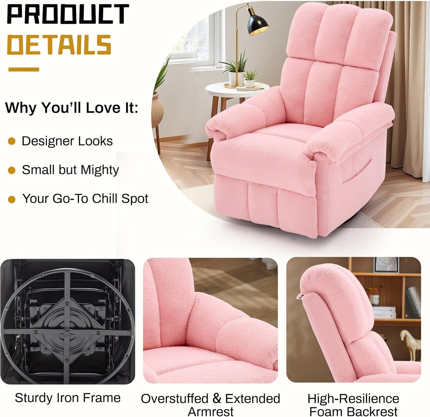 Korser Recliner Chair, Swivel Rocker Recliner Chair for Adults, Small Recliners for Small Spaces, Upholstered Manual Recliner with Side Pockets, Nursery Rocking Chair for Living Room, Chenille, Beige