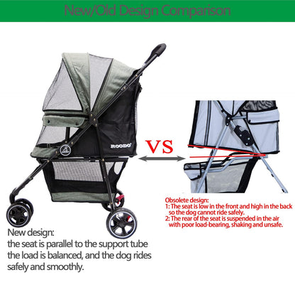 ROODO 3 Wheel Dog Pet Cat Stroller Best Lightweight Foldable Compact Portable Jogger All Terrain Travel Pet Gear Puppy Kitty Stroller for up to 30lbs Medium Small Dogs and Cats(Light Khaki)