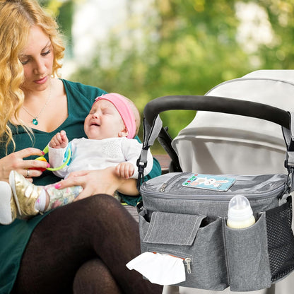 Stroller Organizer with Insulated Cup Holders - Universal Stroller Caddy Bag Fits for Uppababy, Baby Jogger, Nuna - Detachable Shoulder Strap & Large Storage for Diapers, Wipes (Black)
