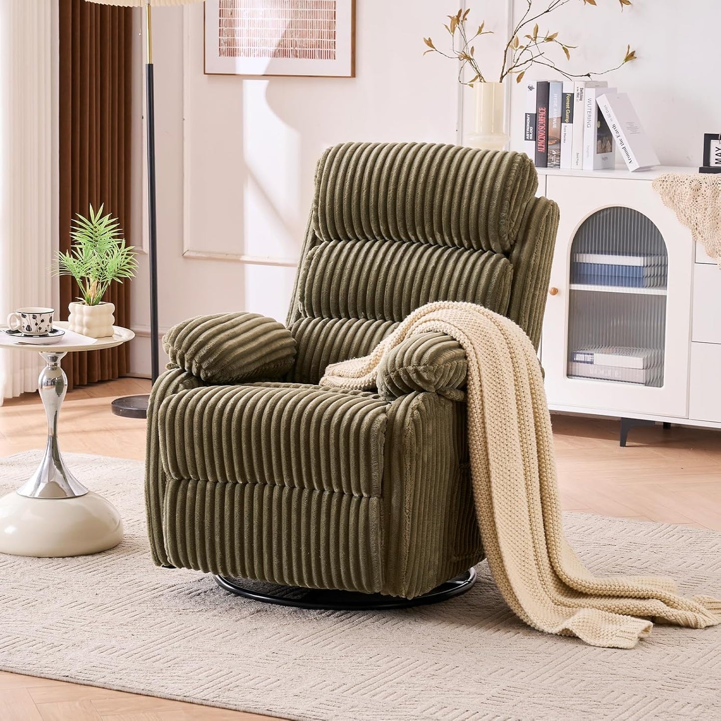 Adult 360° Rocking Recliner Chair，Nursery Rocker Reclining Chair with Side Pocket, a Comfy upholstered Single Sofa Armchair. Suitable for Living Room, Bedroom Nursing use, Velvet Fabric in Beige