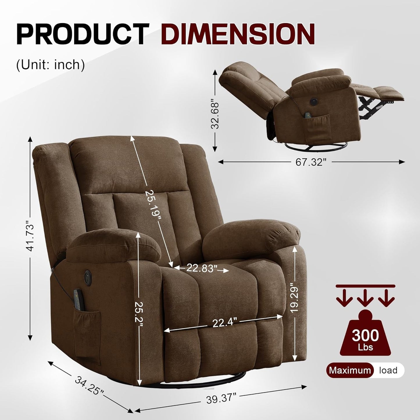 Korser Rocker Recliner, Glider Recliner Chairs for Adults, 360° Swivel Rocking Chair with Massage and Heating, Nursery Chair with Storage and USB Charging for Living Room, Bedroom, Nursery