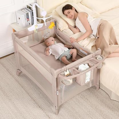 Pack and Play, 4 in 1 Baby Playard – Portable Crib, Bassinet, Bedside Sleeper, Changing Table & Playpen | Breathable Mesh | Safe & Foldable for Newborns to Toddlers (Beige)