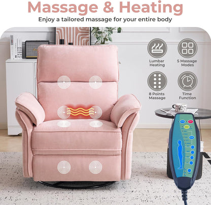 Oversized Glider Rocker Recliner, 26" Extra Wide 360° Swivel Nursery Recliner with Adjustable Headrest, Chenille Rocking Nursery Chair with Overstuffed Armrest, Lumbar Support, Light Grey
