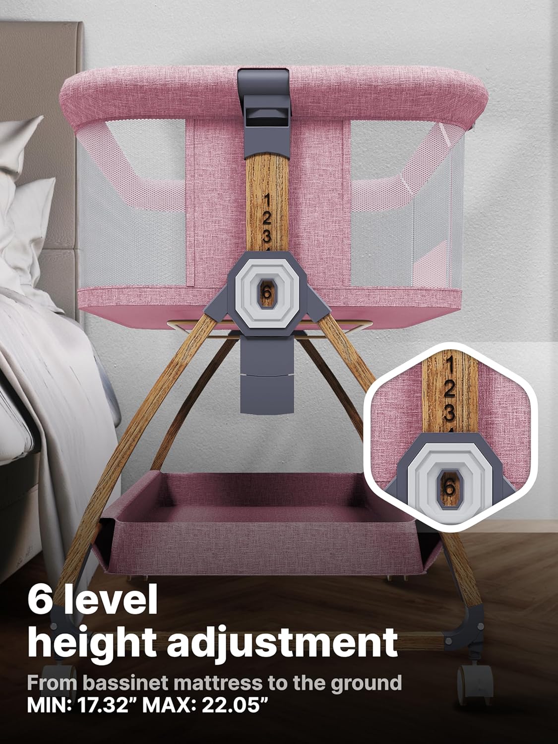 Earth&ME Baby Bassinet Bedside Sleeper with Rocking - All Mesh Portable Bedside Crib for Safe Co-Sleeping, Storage Basket and Wheels, Adjustable Height, Includes Travel Bag, Mosquito Net (Whate, Grey)