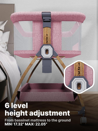 Earth&ME Baby Bassinet Bedside Sleeper with Rocking - All Mesh Portable Bedside Crib for Safe Co-Sleeping, Storage Basket and Wheels, Adjustable Height, Includes Travel Bag, Mosquito Net (Whate, Grey)