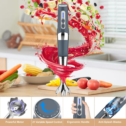 Toogel Cordless Immersion Blender, Electric Hand Blender with 21-Speed & 3-Angle Adjust, USB Rechargeable, BPA-Free & Dishwasher Safe for Baby Food, Smoothies, Soup (Grey)