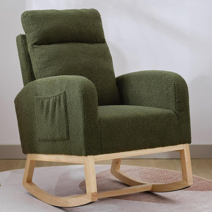 Nursery Rocking Chair with Solid Wood Legs, Glider Chair for Nursery with Two Side Pockets, Rocker Armchair for Living Room Bedroom (Ivory White, Teddy Fabric)