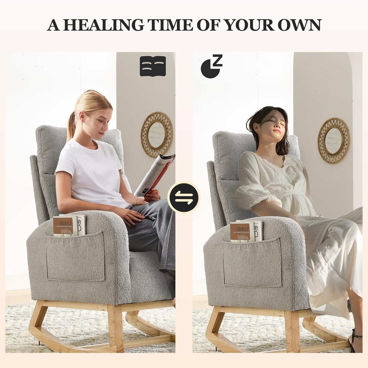 Rocking Chair Nursery, Glider Chair with High Back and Side Pocket, Solid Wood Frame Armchair with Non-Slip Padding for Nursery, Living Room, Bedroom (Ivory)