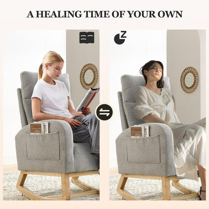 Rocking Chair Nursery, Glider Chair with High Back and Side Pocket, Solid Wood Frame Armchair with Non-Slip Padding for Nursery, Living Room, Bedroom (Ivory)