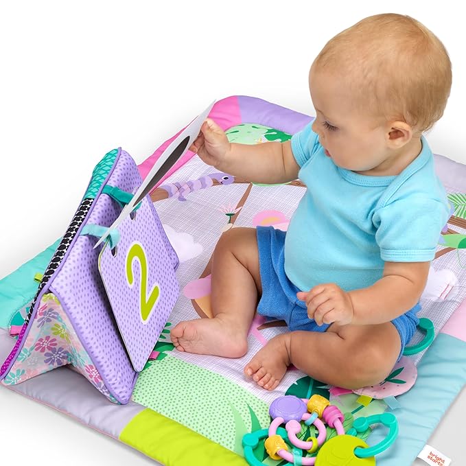 Bright Starts Treetop Bloom Baby Activity Gym & Tummy Time Mat with Toy Bar and 4 Toys, Prop-Up Mirror, Ages Newborn & Up