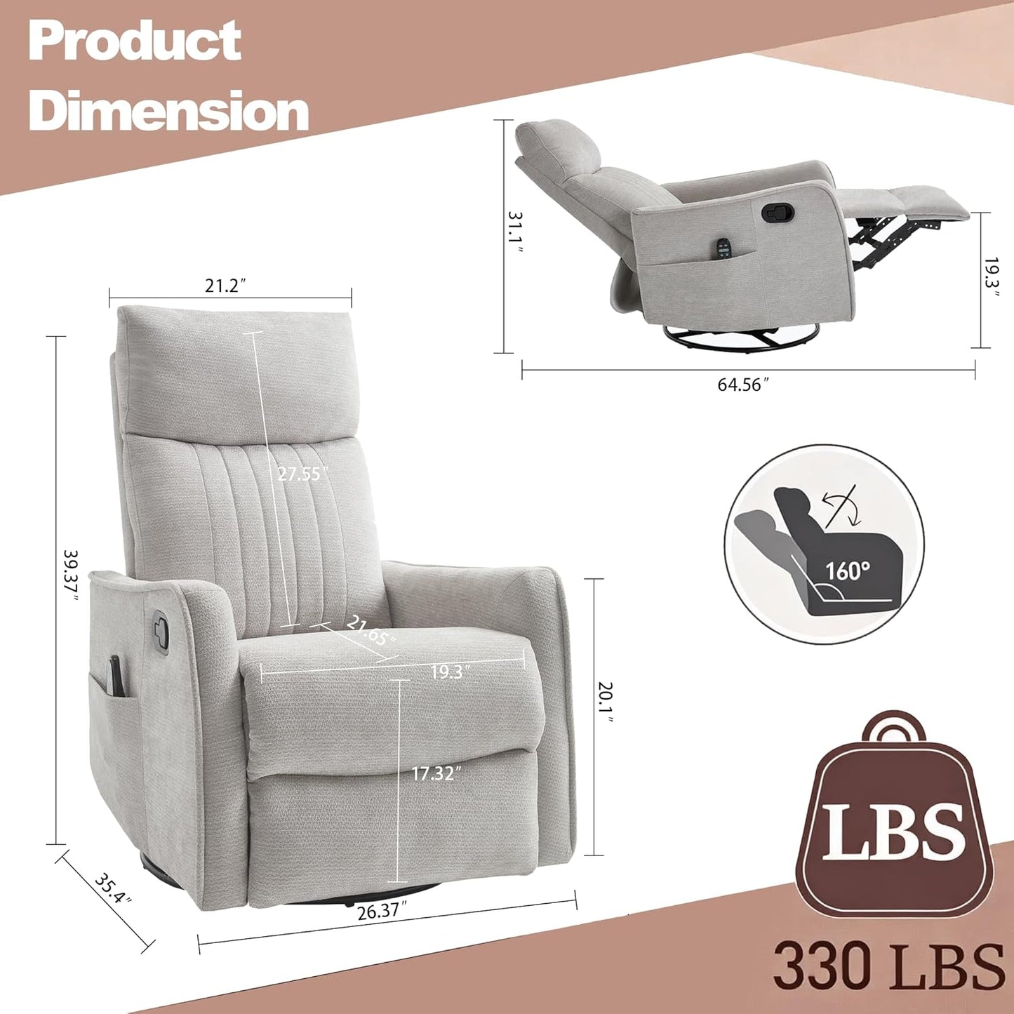 Casaphoria 360° Swivel Rocking Recliner Chair with Heat and Massage Upholstered Fabric Nursery Glider with Side Pocket for Living Room,Bedroom,Home Theater and RV Small Space(Light Gray)