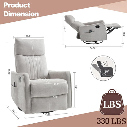 Casaphoria 360° Swivel Rocking Recliner Chair with Heat and Massage Upholstered Fabric Nursery Glider with Side Pocket for Living Room,Bedroom,Home Theater and RV Small Space(Light Gray)