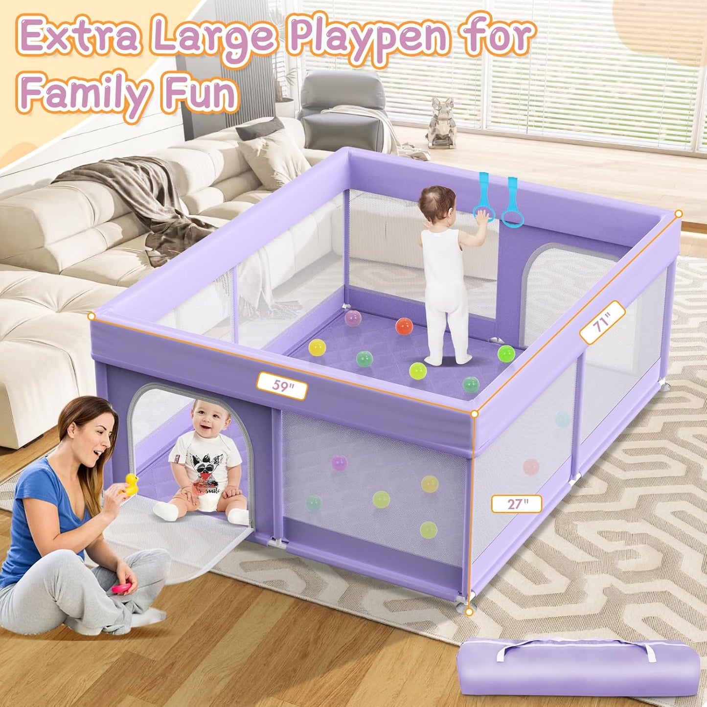 Baby Playpen with Mat - 79"x71" Extra Large Play Pens for Babies and Toddlers Indoor Safety Baby Fence with Soft Breathable Mesh - All-Wrapped Sponge Sturdy Play Yard with Handle & Bag Purple