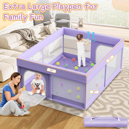 Baby Playpen with Mat - 79"x71" Extra Large Play Pens for Babies and Toddlers Indoor Safety Baby Fence with Soft Breathable Mesh - All-Wrapped Sponge Sturdy Play Yard with Handle & Bag Purple