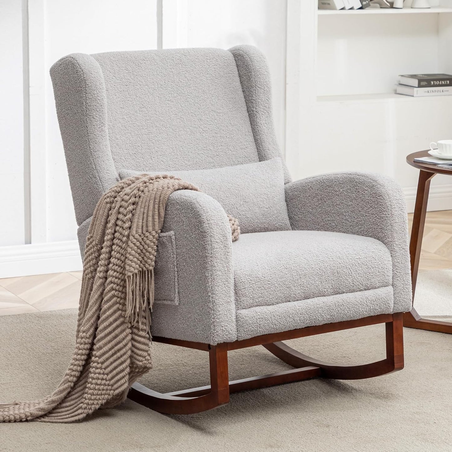 HCHAIRH Rocking Chair Nursery, Nursery Rocking Chairs with Foot Rest, Comfy Fabric Glider Rocker Nursing Chair with High Back for Nursing, Living Room, Bedroom, Beige