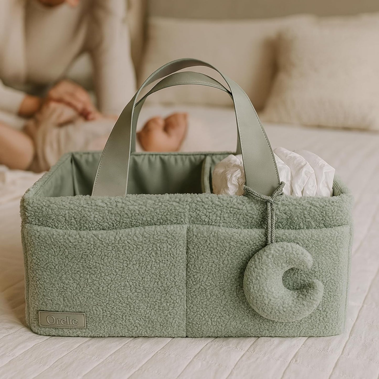 Orelle Bouclé Diaper Caddy Organizer with Matching Pouch & Moon Pendant | Teddy Portable Changing Table Organizer | Must-Have Baby Shower Gifts | Cream