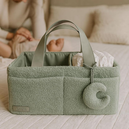 Orelle Bouclé Diaper Caddy Organizer with Matching Pouch & Moon Pendant | Teddy Portable Changing Table Organizer | Must-Have Baby Shower Gifts | Cream