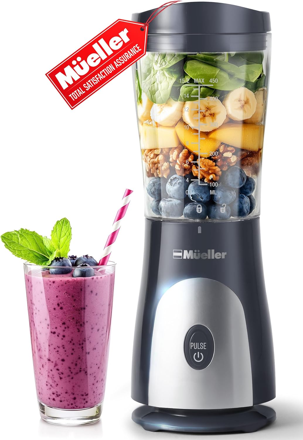Mueller Heavy-Duty Personal Blender for Shakes and Smoothies with a 15 Oz Travel Cup and Lid, Juices, Baby Food, Portable Blender & Food Processor, Turquoise