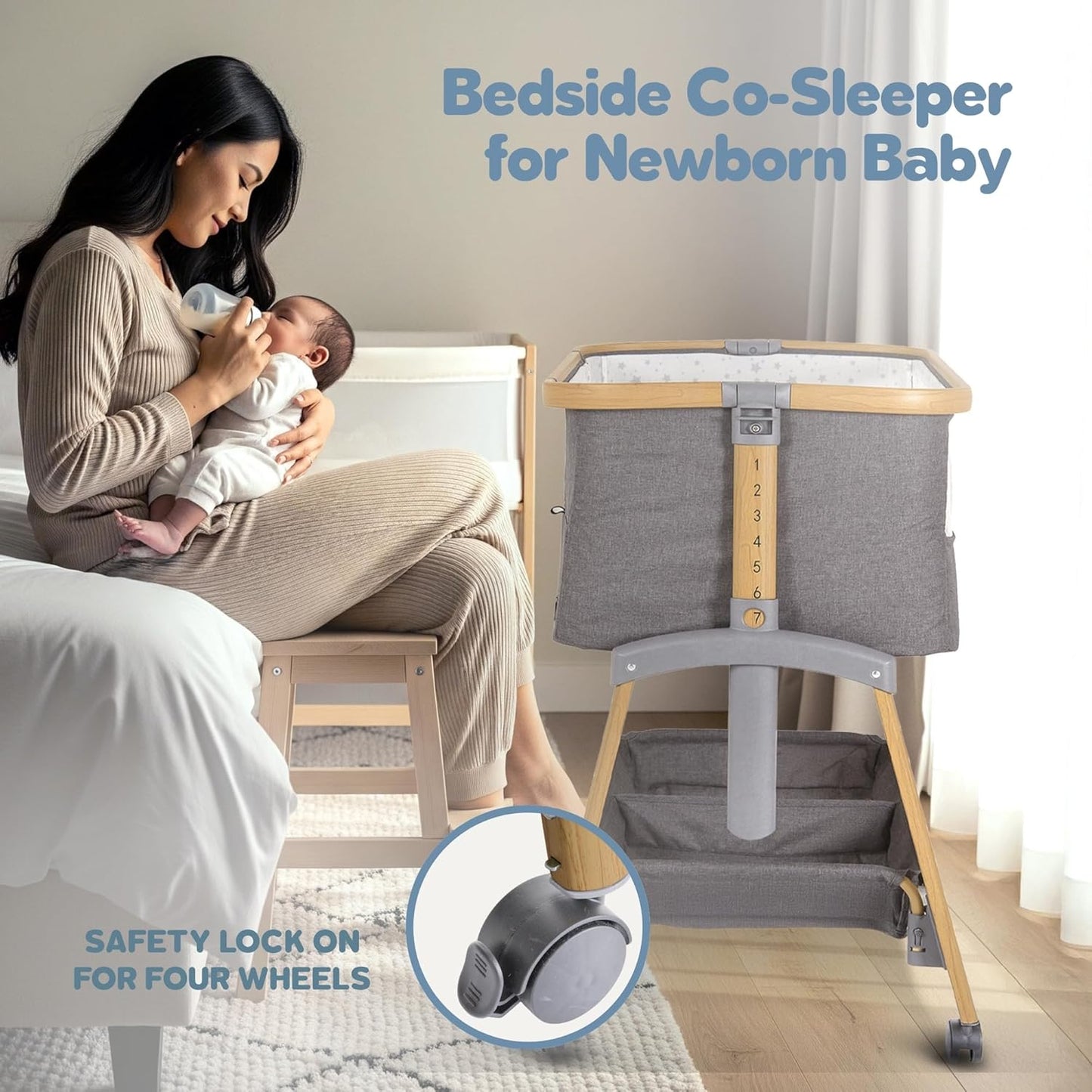 Motherly Haven Baby Bassinet Bedside Sleeper, Portable Crib for Newborns, Adjustable 7-Height Auto-Lock, with Wheels, Soft Mattress & Breathable Mesh (Light Grey)