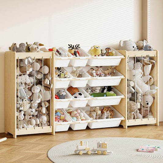 EXPERLAM Large Toy Storage Organizer, Wooden Stuffed Animal Storage & 12-Bins Toy Organizer, Double-Sided Plush Toy Holder Featuring Thicker Ropes, Space Save Playroom Nursery Bedroom Storage, White