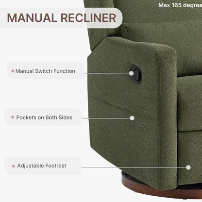 KISLOT Swivel Rocker Recliner Chair, Nursery Glider Recliner with Wood Base Manual Rocking Comfy Upholstered Fabric Reclining Single Sofa for Nursery Bedroom Living Room