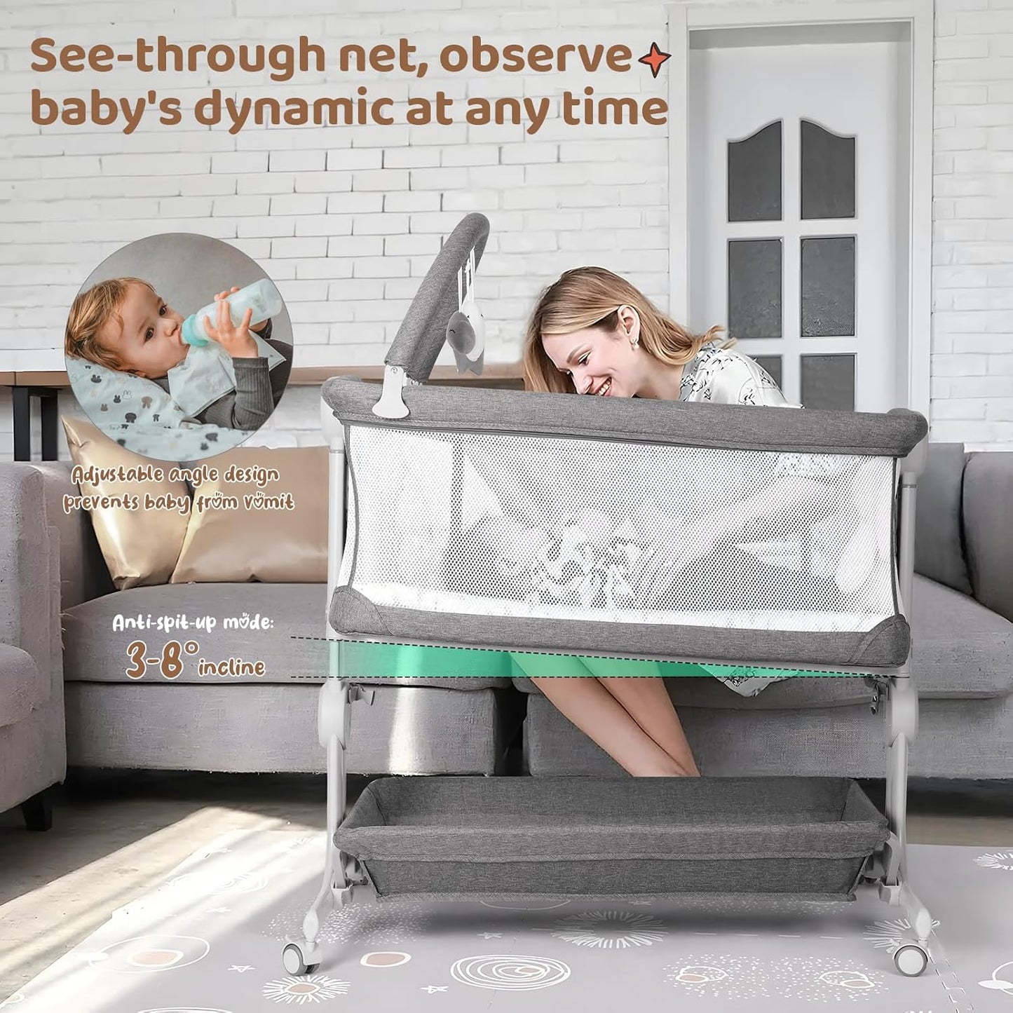 Cowiewie Baby Bassinet 4-Sided Mesh Bedside Sleeper with Wheels for Infant/Newborn Foldable Adjustable Height Portable Bedside Crib(Grey) | Breathable Mesh