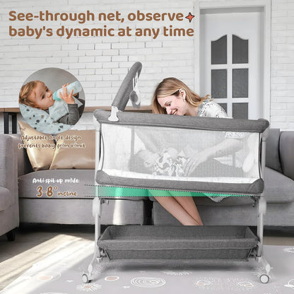 Cowiewie Baby Bassinet 4-Sided Mesh Bedside Sleeper with Wheels for Infant/Newborn Foldable Adjustable Height Portable Bedside Crib(Grey) | Breathable Mesh