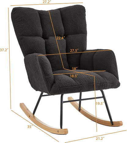 Glider Chair for Living Room & Nursery, Tufted Upholstered Teddy Rocking Chair with High Backrest & Stable Metal Frame, 300lbs Capacity, Comfy Rocker Glider for Adults & Kids, Office & Bedroom(Gray)