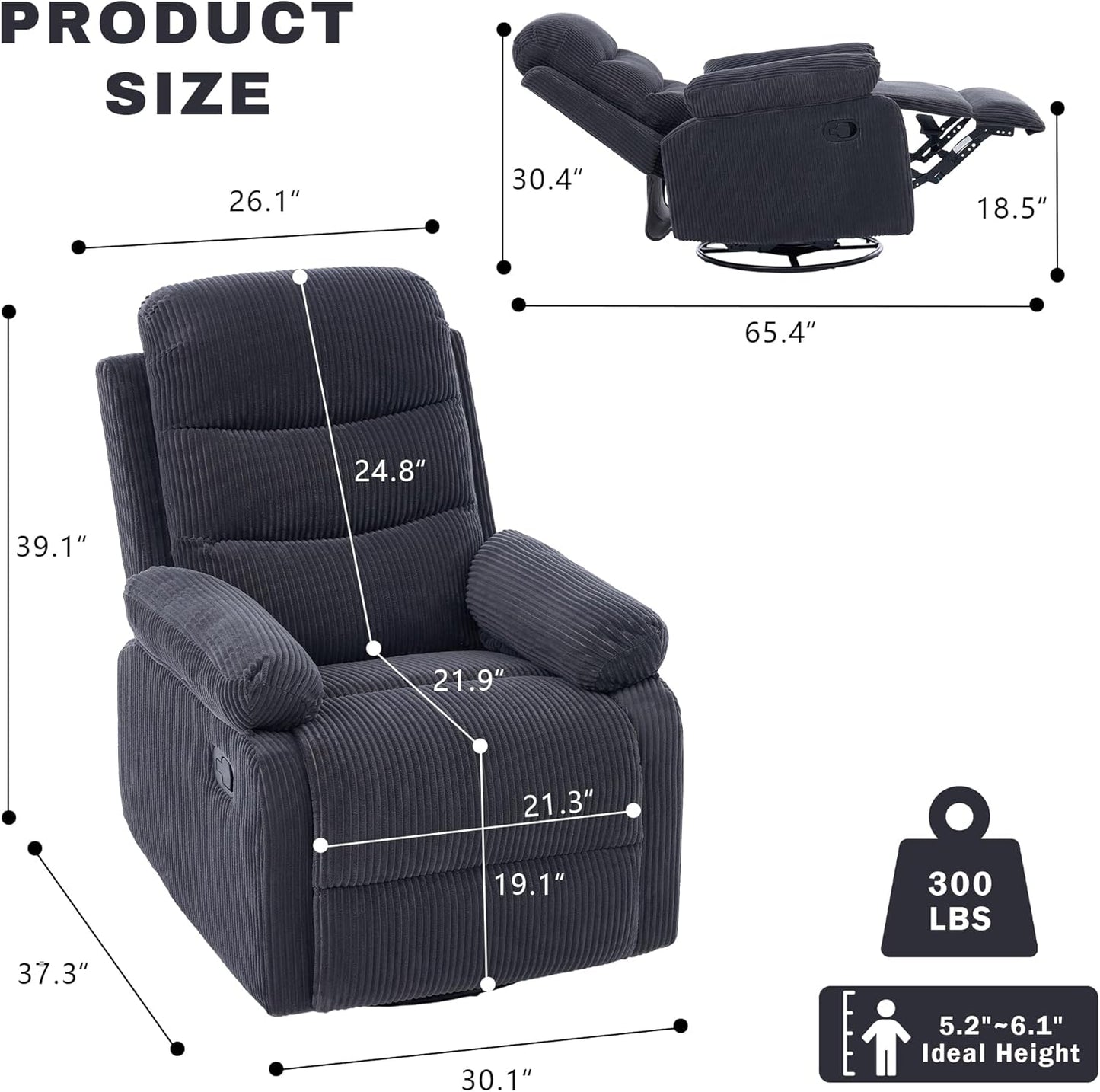 Rocking Recliner Chair,Modern Swivel Glider Recliner Chair,Corduroy Fabric Upholstery Recliner,Manual Reclining Sofa Chair for Living Room,Office,Apartment (Beige)