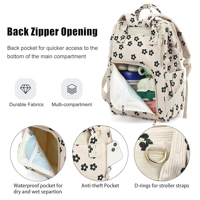 Baby Diaper Bag Backpack for Mom, Large Capacity Travel Nappy Bag for Boys & Girls with Stroller Straps (Corduroy Flowers)