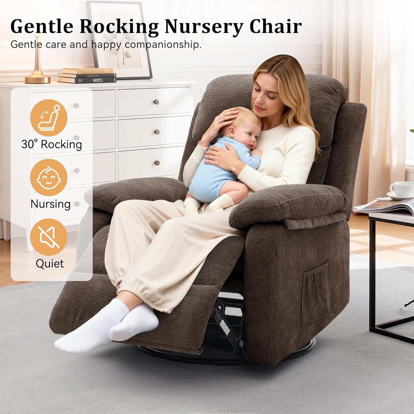 Korser Recliner Chair, 360 Swivel Rocker Chair for Adults, Small Rocking Recliner for Small Spaces, Upholstered Fabric Glider Recliner Nursery