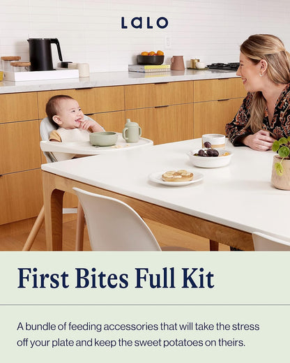 Lalo First Bites Silicone Baby Feeding Set - Baby Led Weaning Supplies - Non-Toxic Silicone - Includes 1 Bib, 2 Spoons, Training Cup, Suction Plate and Bowl - 6 Pieces - Blueberry