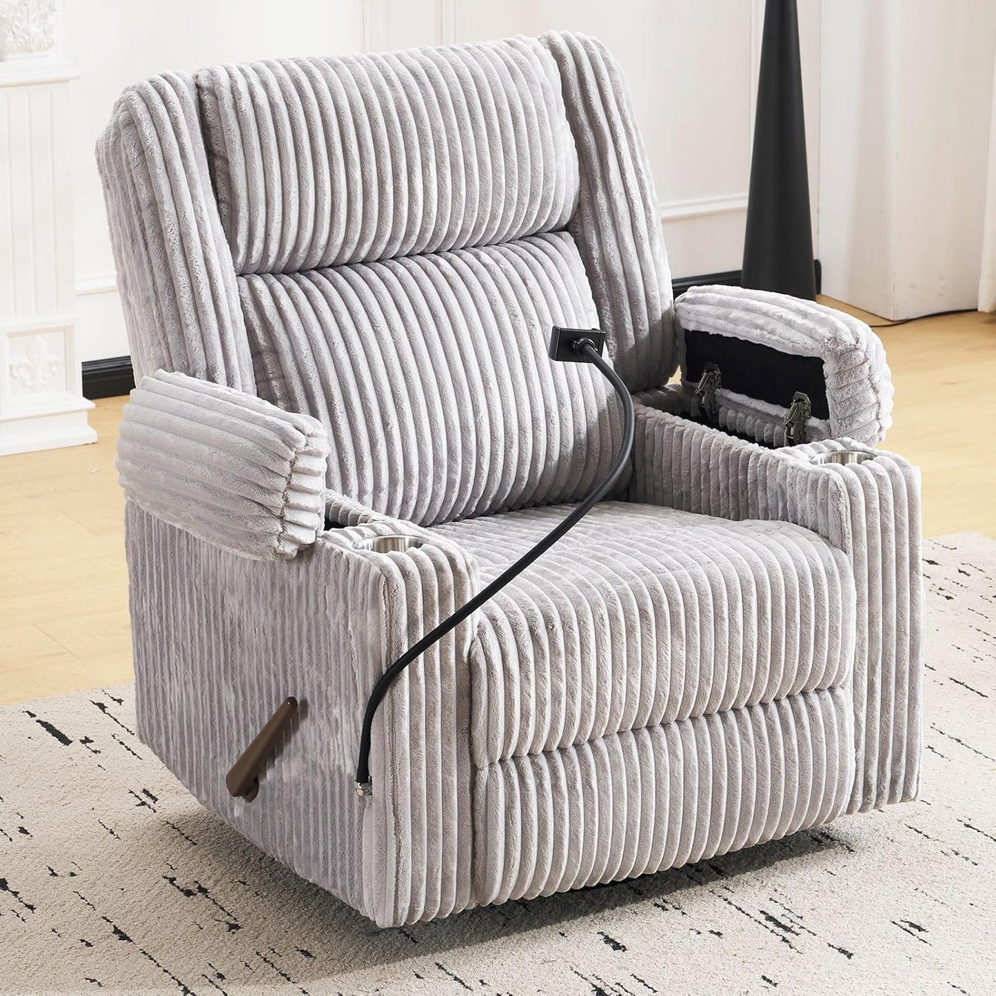 Oversized Power Recliner Chair with Massage and Heat, Swivel Rocker Recliner Chair for Adults with Arm Storage, Nursery Glider Recliner with Adjustable Headrest and Phone Stand, Side Pockets, Beige