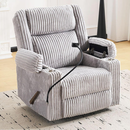 Oversized Power Recliner Chair with Massage and Heat, Swivel Rocker Recliner Chair for Adults with Arm Storage, Nursery Glider Recliner with Adjustable Headrest and Phone Stand, Side Pockets, Beige