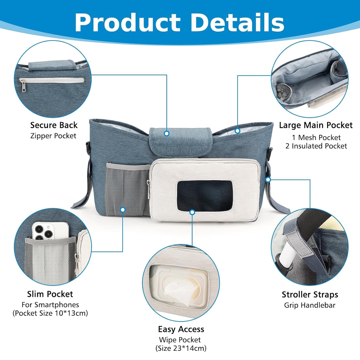 Accmor Universal Stroller Organizer with Insulated Cup Holder, Stroller Caddy Bag Accessories, Stroller Cup Holder Organizer for Uppababy Baby Jogger Britax Stroller, Black