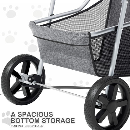MoNiBloom Foldable Pet Stroller with Weather Cover, 3 Wheels Pet Strolling Cart for Small/Medium Dogs and Cats with Storage Basket and Cup Holder, Breathable and Visible Mesh for All-Season, Black