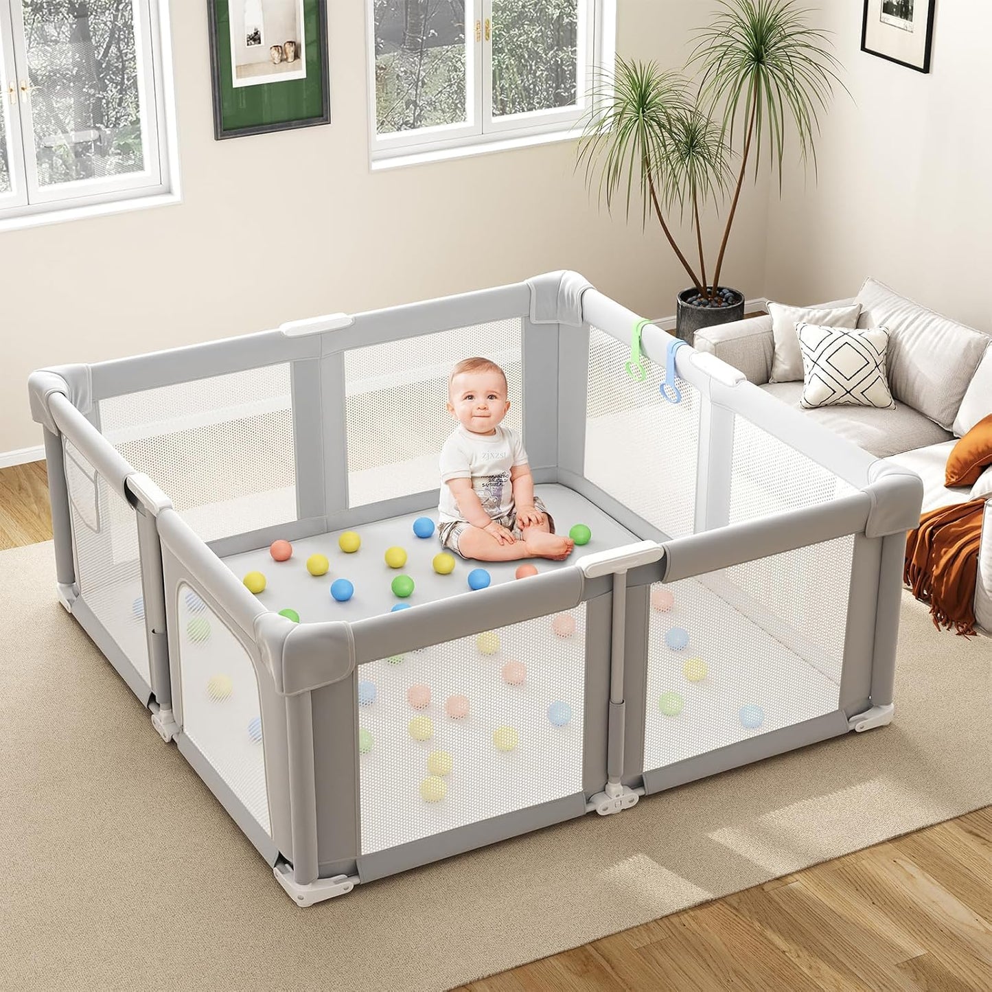 Foldable Playpen for Babies and Toddlers, 51" Portable Play Pen with Mat and Ocean Balls, Play Yard with with Visible Mesh for Inddor and Outdoor, No Assembly Required, Dark Gray