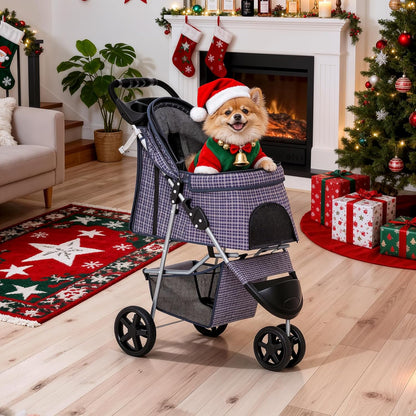 MoNiBloom Foldable Pet Stroller with Weather Cover, 3 Wheels Pet Strolling Cart for Small/Medium Dogs and Cats with Storage Basket and Cup Holder, Breathable and Visible Mesh for All-Season, Black