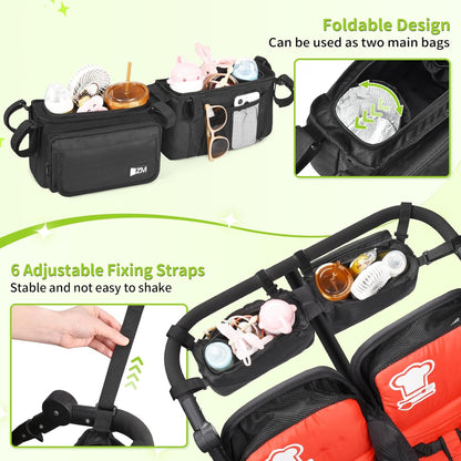 ZZM Double Stroller Organizer with 2 Cooler Pockets,Compatible for Bob Duallie, Jeep and Baby Jogger City Mini GT2, Double Baby Stroller Accessories, Parent Console Double Jogging Stroller Organizer