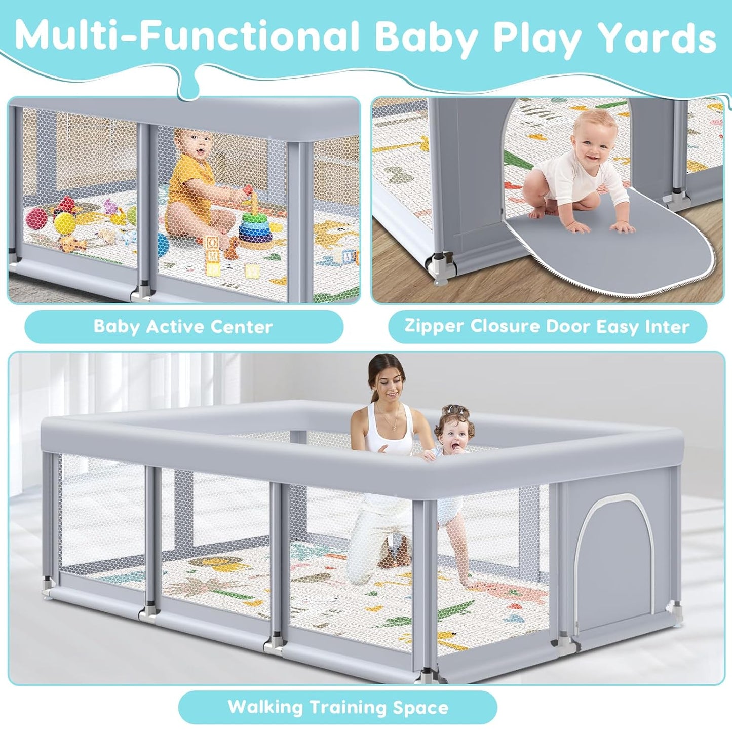 Fshibila 74" ×50" Large Baby Playpen, Baby Playard for Babies and Toddlers, Baby Fence Play Pens for Indoor & Outdoor, Sturdy Safety Play Yard with Soft Breathable Mesh, Anti-Fall, Grey