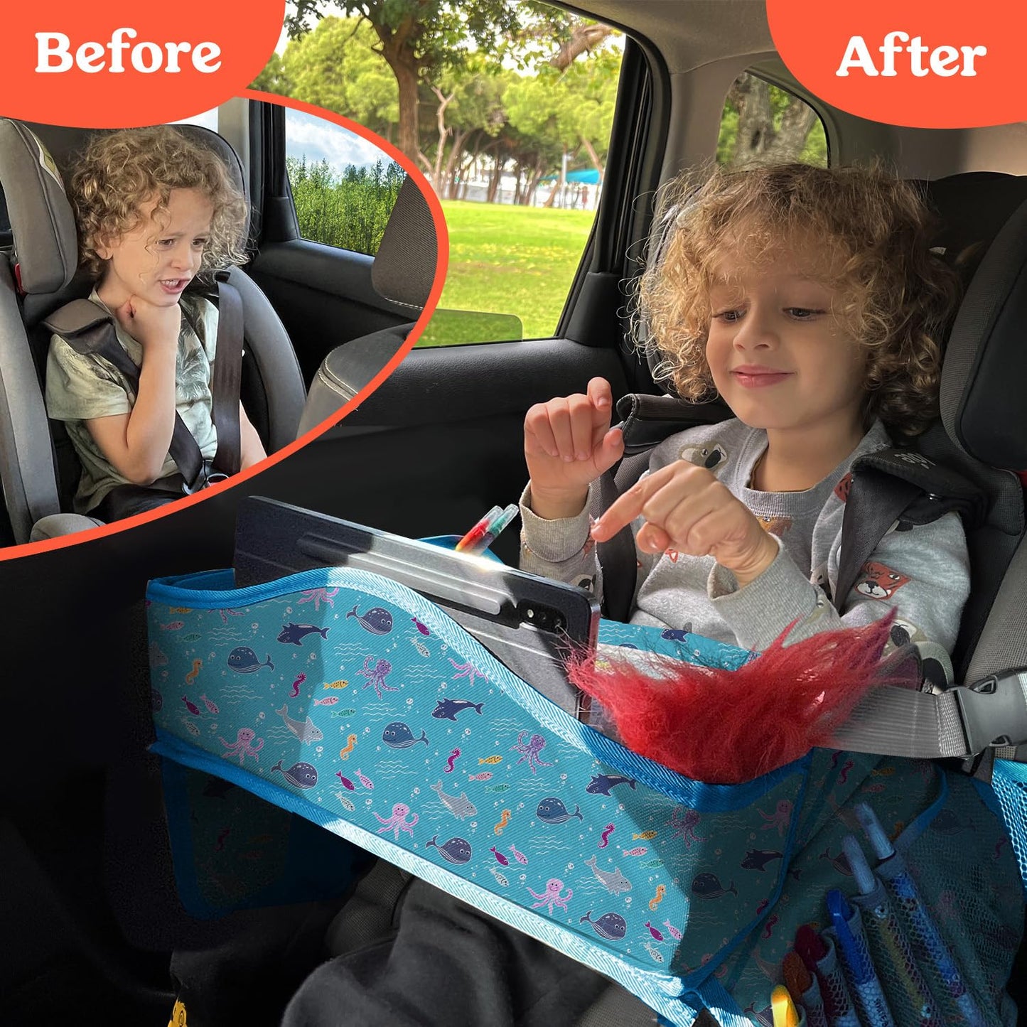 PILLANI Kids Travel Tray for Car Seat - Carseat Tray w/ iPad Holder & Dry Erase Board, Road Trip Activities - Toddler Lap Desk Organizer for Airplane - Roadtrip & Travel Essentials - Pack of 2, Pink