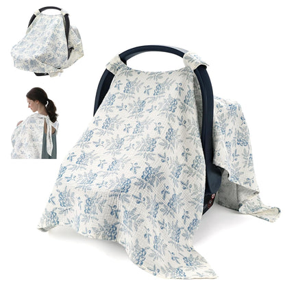 SERAPHY 2-in-1 Muslin Baby Car Seat Cover & Nursing Cover, Soft Lightweight Breastfeeding Cover for Boys and Girls,Breathable Canopy for Infant Carseat & Stroller for Summer—Blueberrie