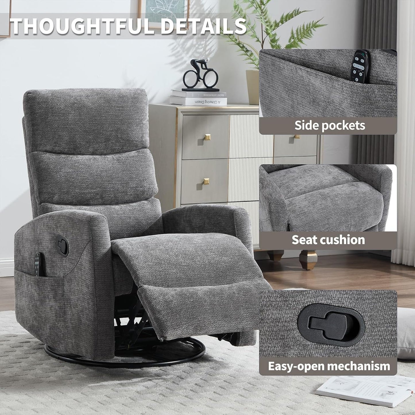 Massage Chair Recliner with Heat, Swivel Rocking Chair Recliner with High Back, Manual Nursery Recliners for Adults,Small Recliner Chair for Small Spaces, Living Room Bedroom, Fabric (Blue Green)