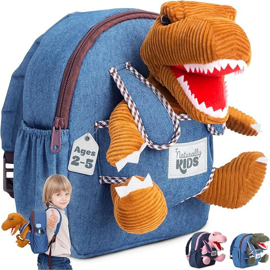 Naturally KIDS 【Upgraded】 Toddler Backpack with Detachable Dinosaur Toy for Boys | Side & Inner Pockets, Reflective Logo | Dinosaur Backpack for Kids 3-5